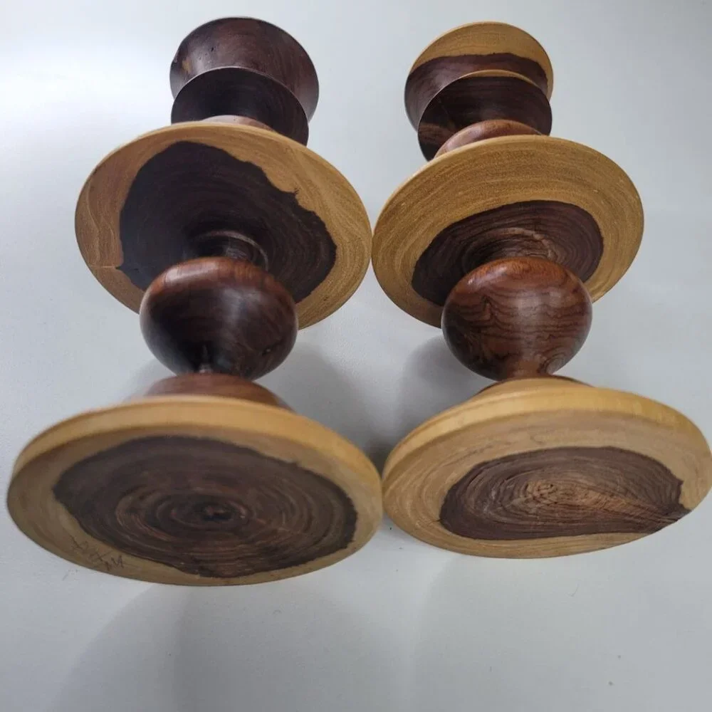Wooden Candlestick Holders Tapered Solid Grain Two Tone Turned Pair Set 6.5 Inch
